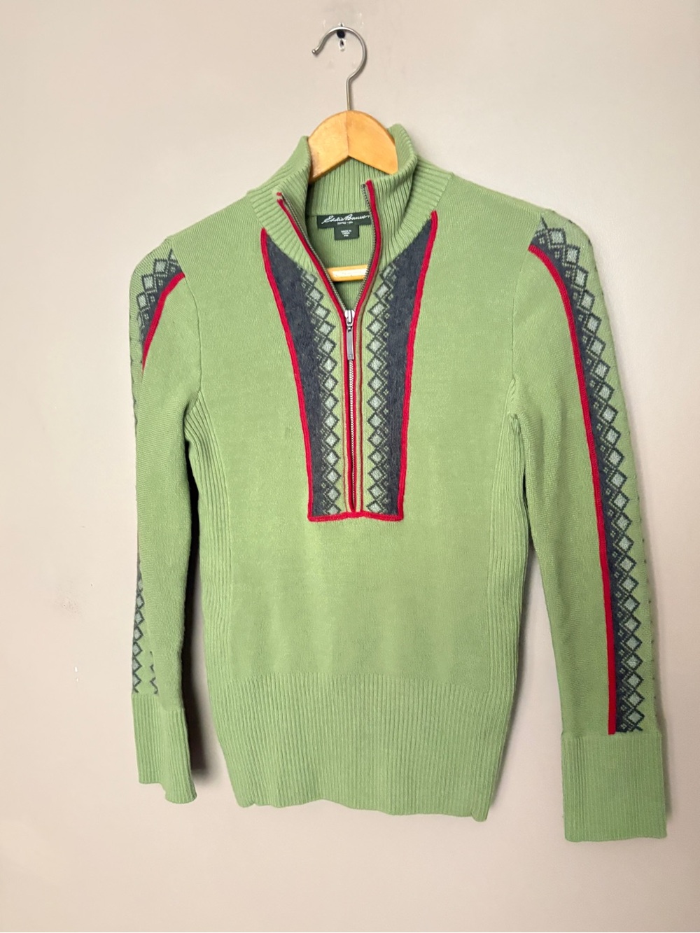 Eddie Bauer Fair Isle Merino Wool half Zip Sweater Green Petite Medium PM EUC - Picture 3 of 13